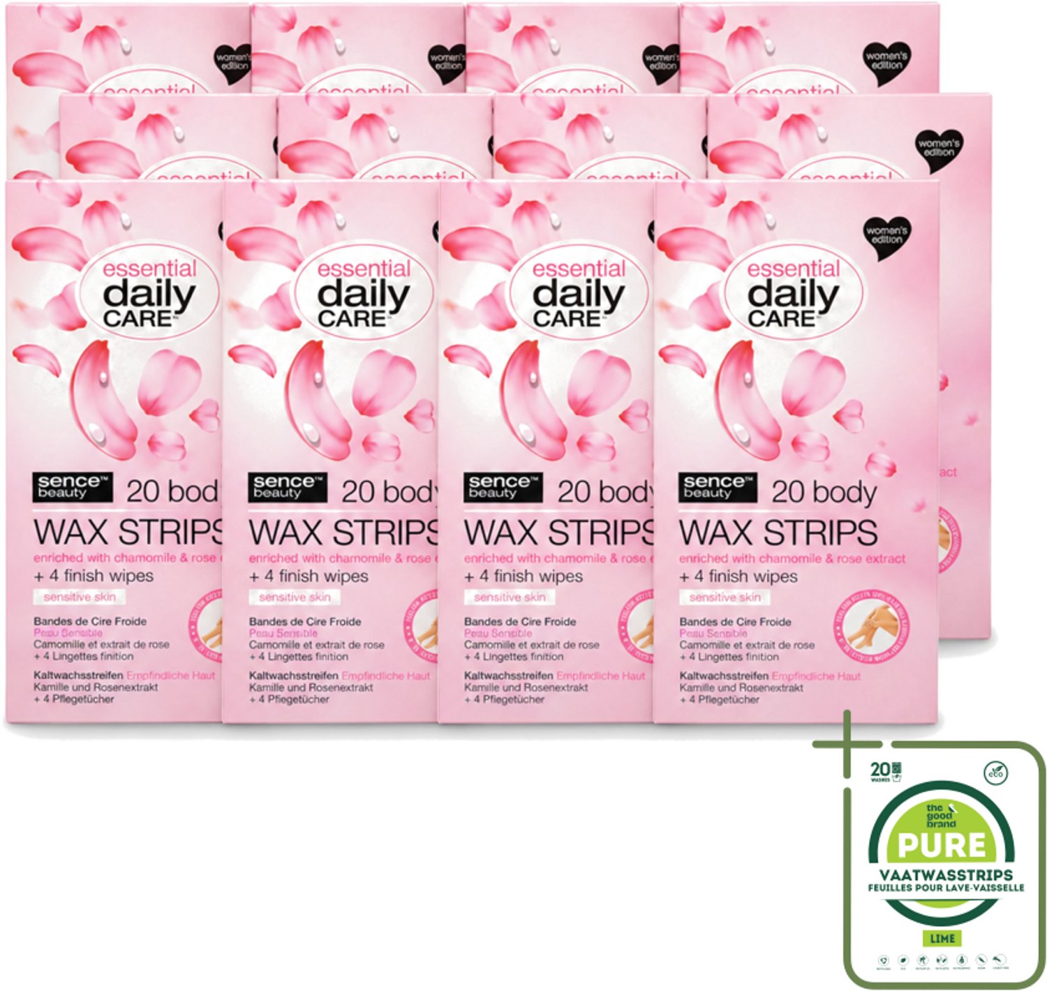 12 x Sence – Wax Strips – Lichaam – Ontharing – 20 Strips - Grootverpakking - Vaatwasstrips - Waxstrips Voor Het Lichaam - Ontharen Zonder Scheren - Gevoelige Huid - Kamille Extract - Rozenextract