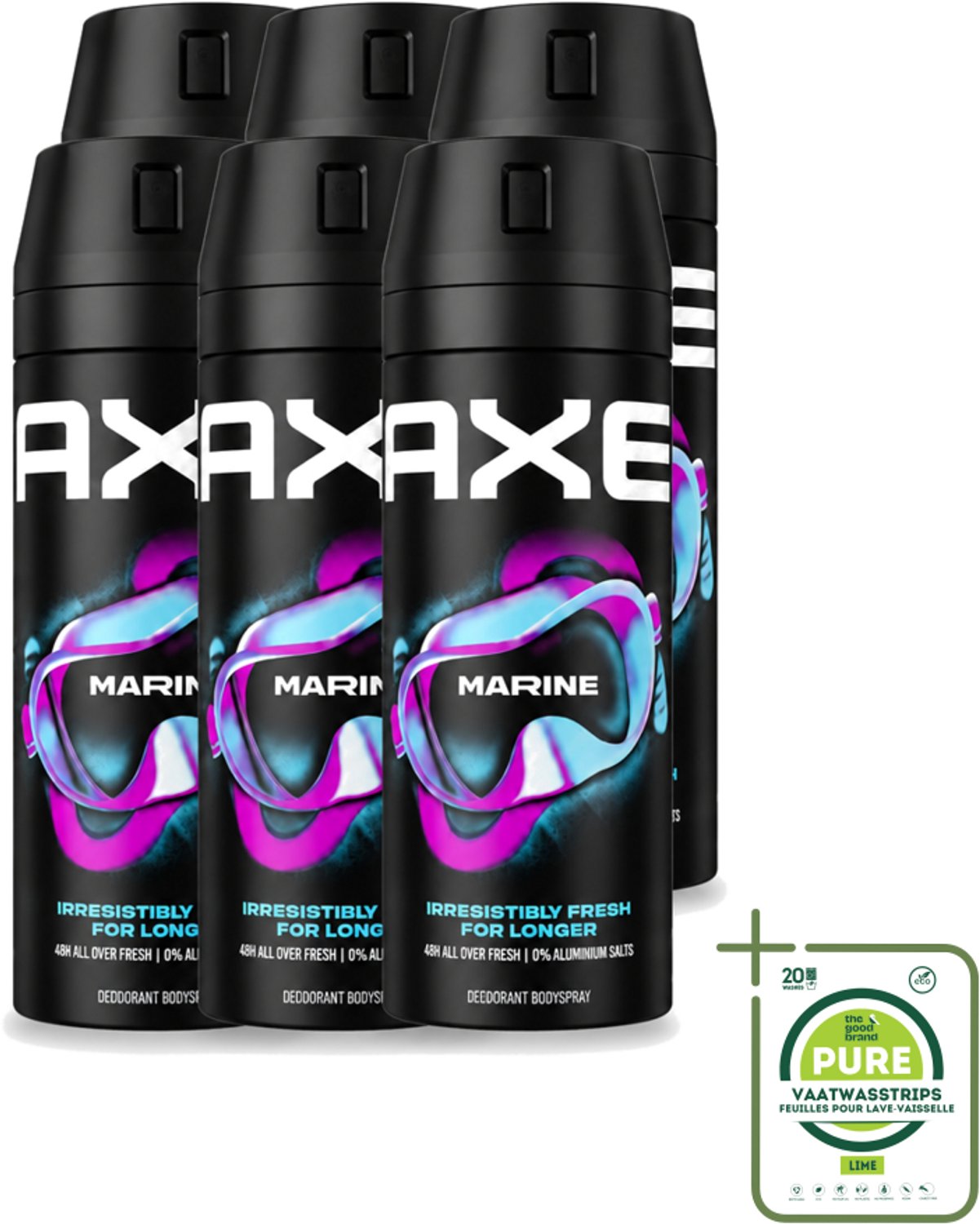 6 x Axe - Deodorant Bodyspray - 100% Fresh Fragrance - Marine - Sea Breeze & Sage - 150 ml - Grootverpakking - Vaatwasstrips - Zeebries - Salie - Deodorant - Bodyspray - Geur