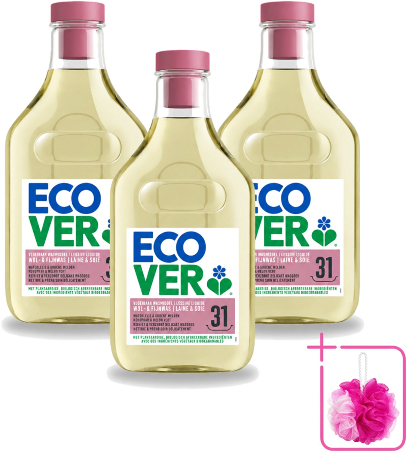 3 x Ecover - Vloeibaar Wasmiddel - Wol & Fijn Was - Waterlelie & Groene Meloen - 31 Wasbeurten - 1.43 L - Bulkverpakking - Wasmiddel Wol en Fijn - Douchemop - Fijne was