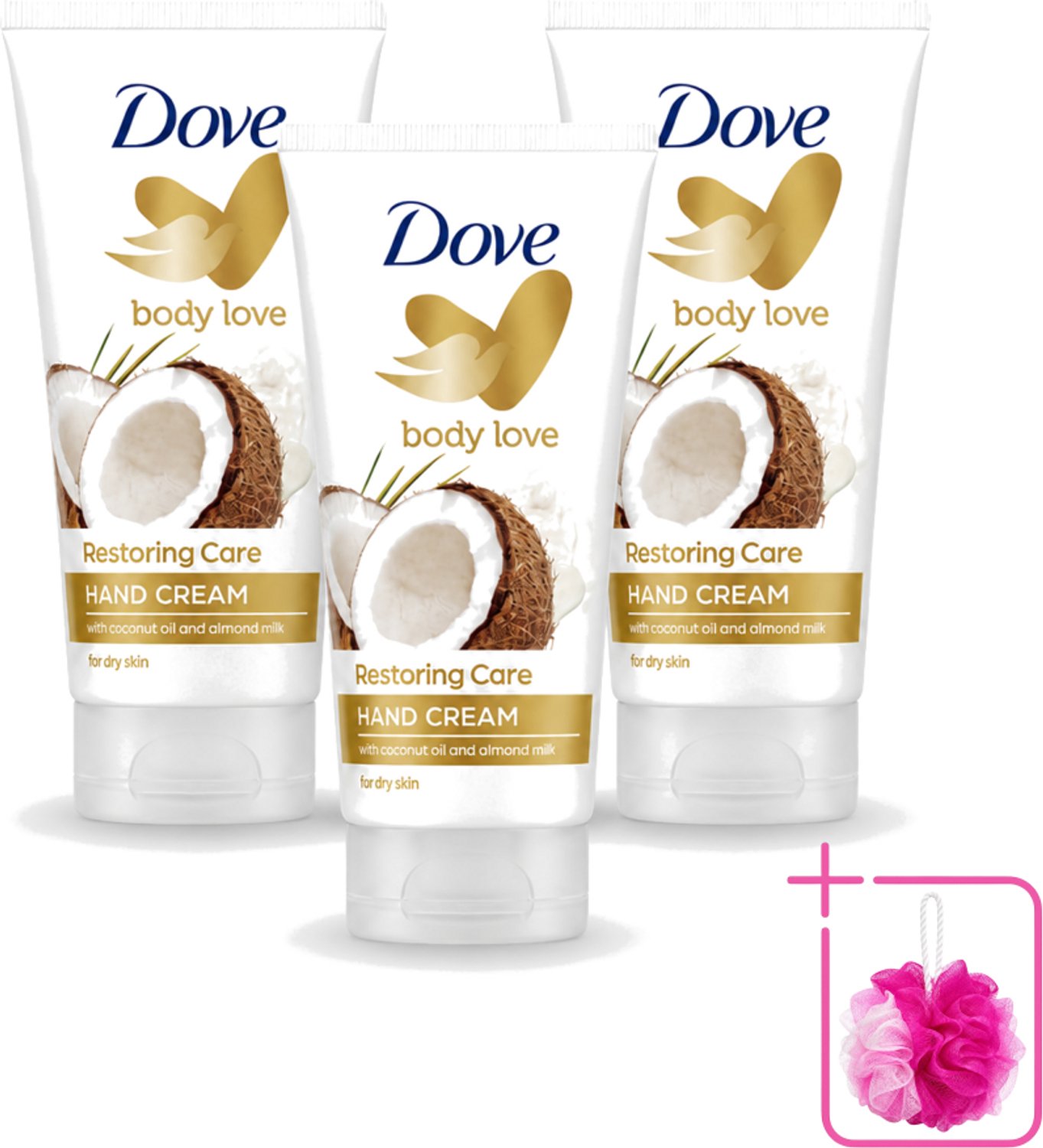 3 x Dove - Handcrème - Body Love Restoring Care - Kokos & Almond - Hydraterend - Droge huid - 75 g - Bulkverpakking - Handcrème - Douchemop - Droge huid
