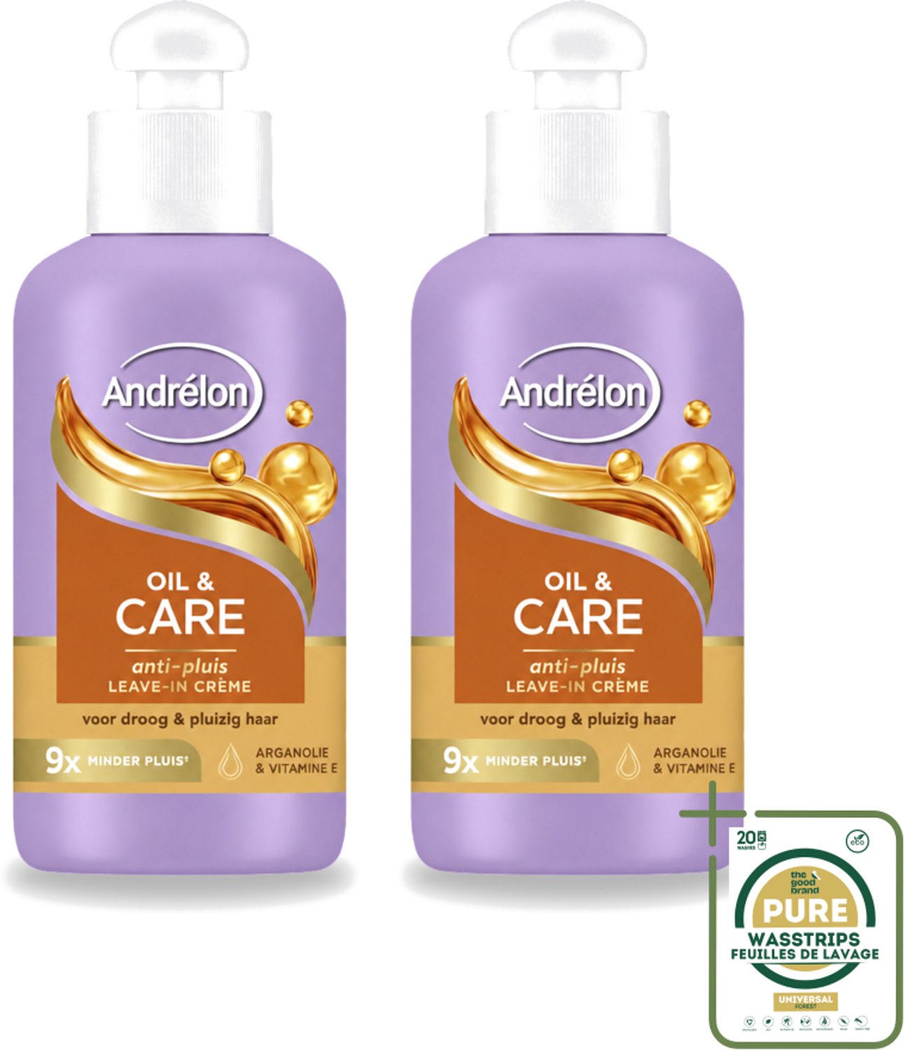 2 x Andrélon – Leave-In Crème – Oil & Care – 200 ml - Wasstrips - Haarkruid - Anti-pluis - Pluiscontrole - Haarvoeding - Arganolie