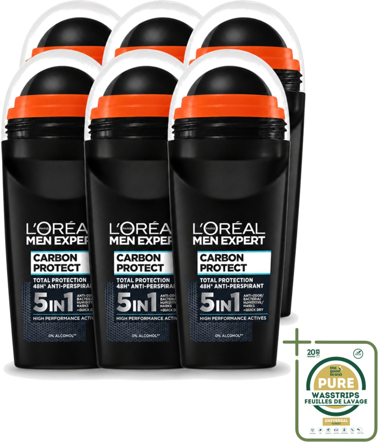 6 x L’Oréal Paris Men Expert – Deodorant Roller – Carbon Protect 5-in-1 – 50 ml - Anti-transpirant - Deodorant Roller - 5-in-1 - Anti-vlek - Zweetgeur