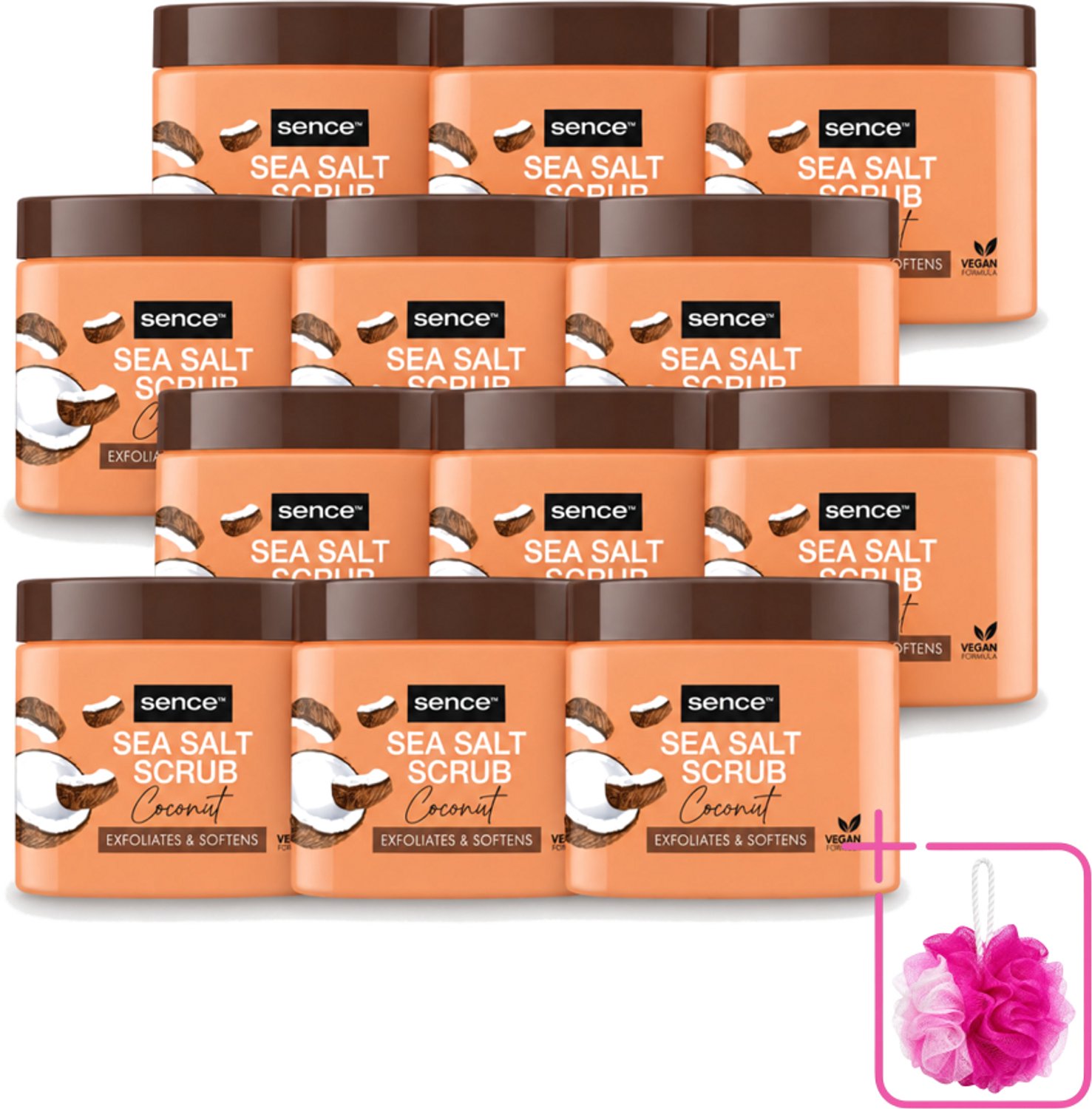 12 x Sence - Coconut - Bodyscrub - Verzorgend - 500 g - Bulkverpakking - Bodyscrub kokos - Douchemop - Huid verzorging