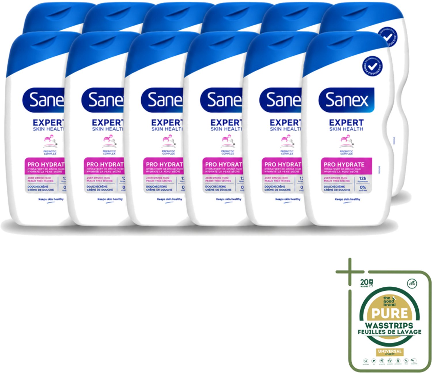 12 x Sanex - Douchegel - Expert Skin Health Pro Hydrate - Verzorgt de Droge Huid - 400 ml - Wasstrips - Droge Huid - Hydratatie - Glycerine - Inuline - Huidverzorging