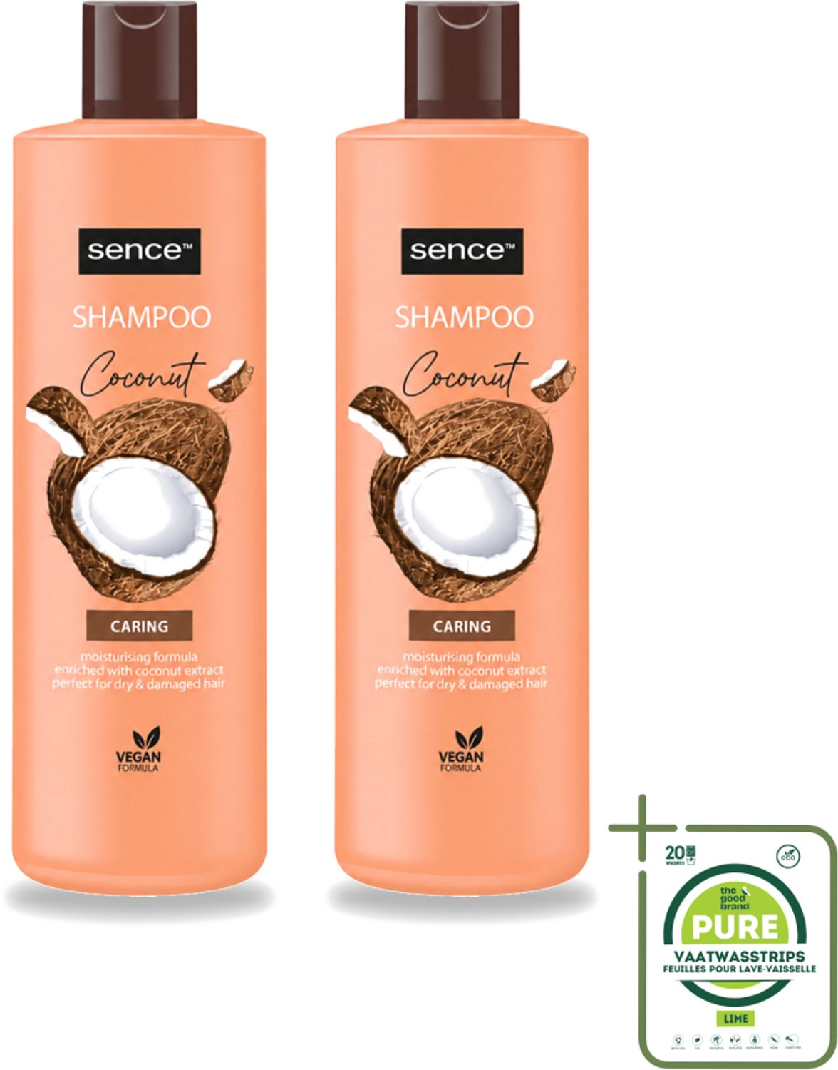 2 x Sence - Coconut - Shampoo - Verzorgend - 400 ml - Voordeelverpakking - Grootverpakking - Vaatwasstrips - Kokos Shampoo - Droog Haar Shampoo - Gezond Haar - Haar Verzorging - Glans Haar