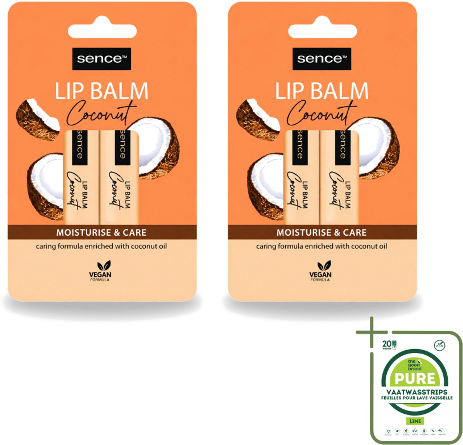 2 x Sence - Moisturise & Care - Lippenbalsem Duo - Verzorgend - 2 x 4,3 g - Grootverpakking - Vaatwasstrips - Lippenbalsem - Kokos - Lippenverzorging - Hydraat - Bescherming