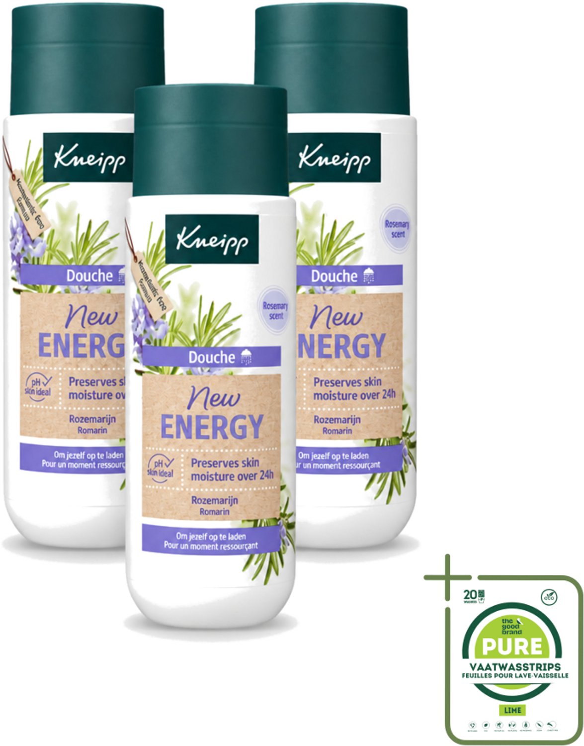 3 x Kneipp - Douchegel - New Energy - Energieke Geur - 200 ml - Grootverpakking - Vaatwasstrips - Douchegel - Energie - Rozemarijn - Natuurlijke Geur - Hydraterend