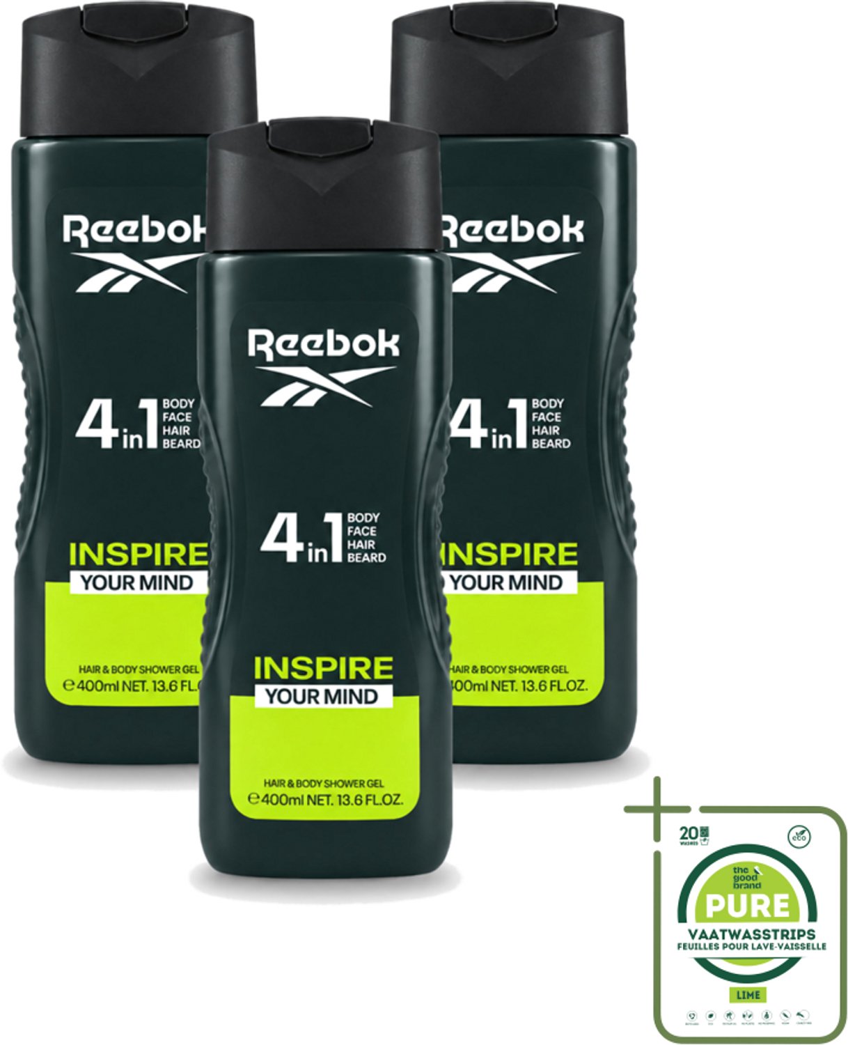 3 x Reebok - Inspire Your Mind - Douchegel - 4 in 1 - 400 ml - Grootverpakking - Vaatwasstrips - Douchegel - 4 In 1 - Lichaam Verzorging - Haar Verzorging - Gezicht Verzorging
