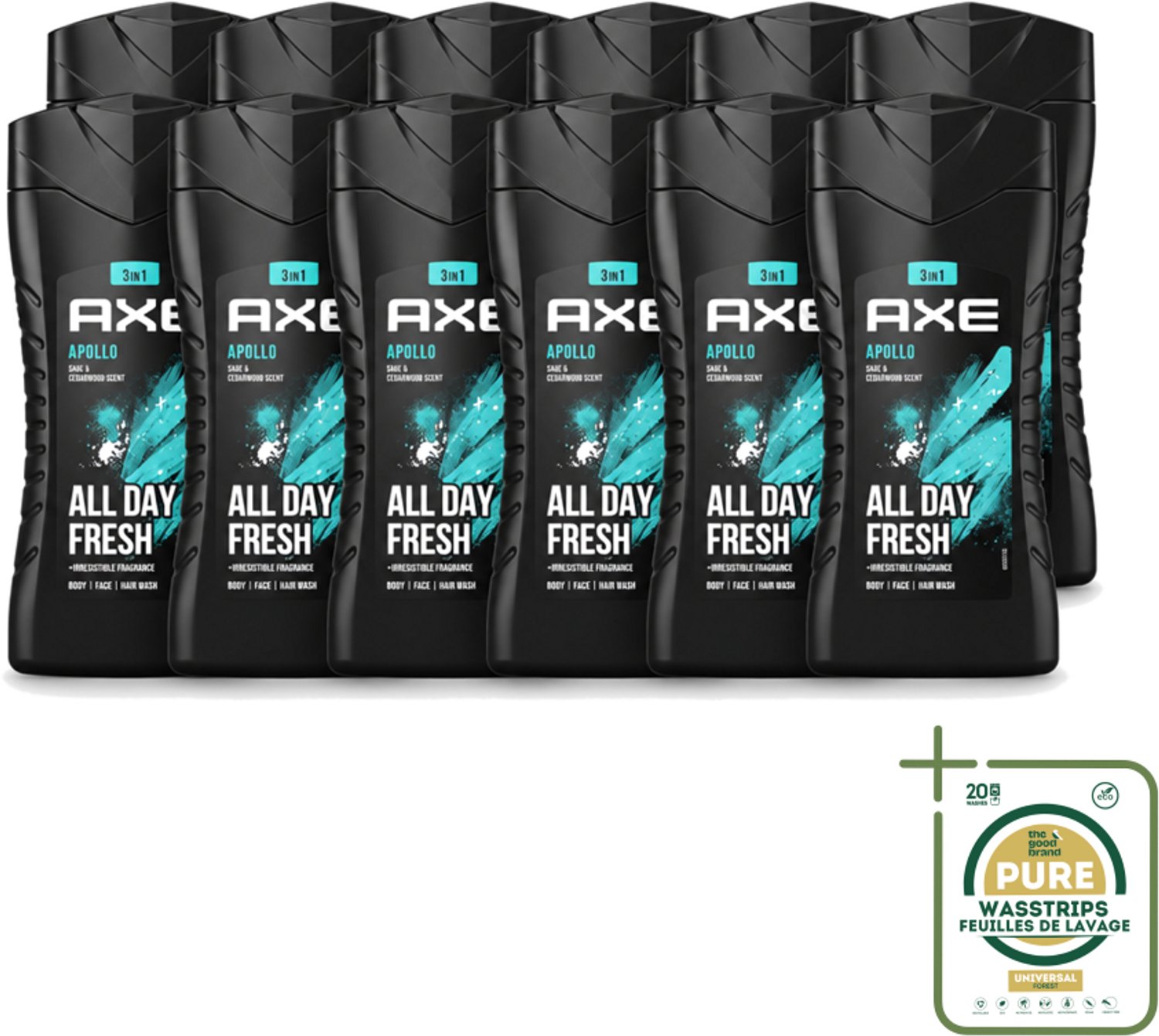 12 x Axe - 3-in-1 Douchegel - Apollo - Sage & Cedarwood - 250 ml - Wasstrips - Douchegel - Mannelijke Geur - 3-in-1 - Lichaam En Gezicht - Gezicht En Haar