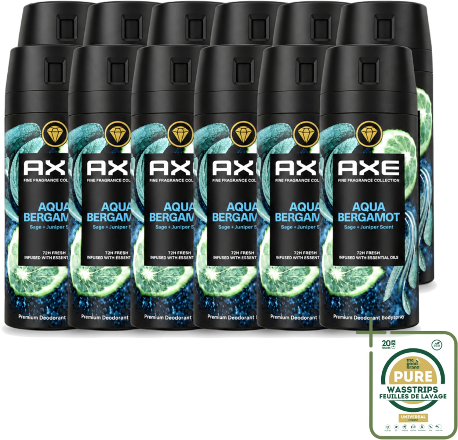 12 x Axe - Deodorant Bodyspray - 72hrs Fresh - Aqua Bergamot - Sage & Juniper - 150 ml - Wasstrips - Axe Aqua Bergamot Deodorant - Bodyspray 72h Fresh - Aqua Bergamot Geur - Bergamot Sage Juniper Deodorant - Premium Deodorant
