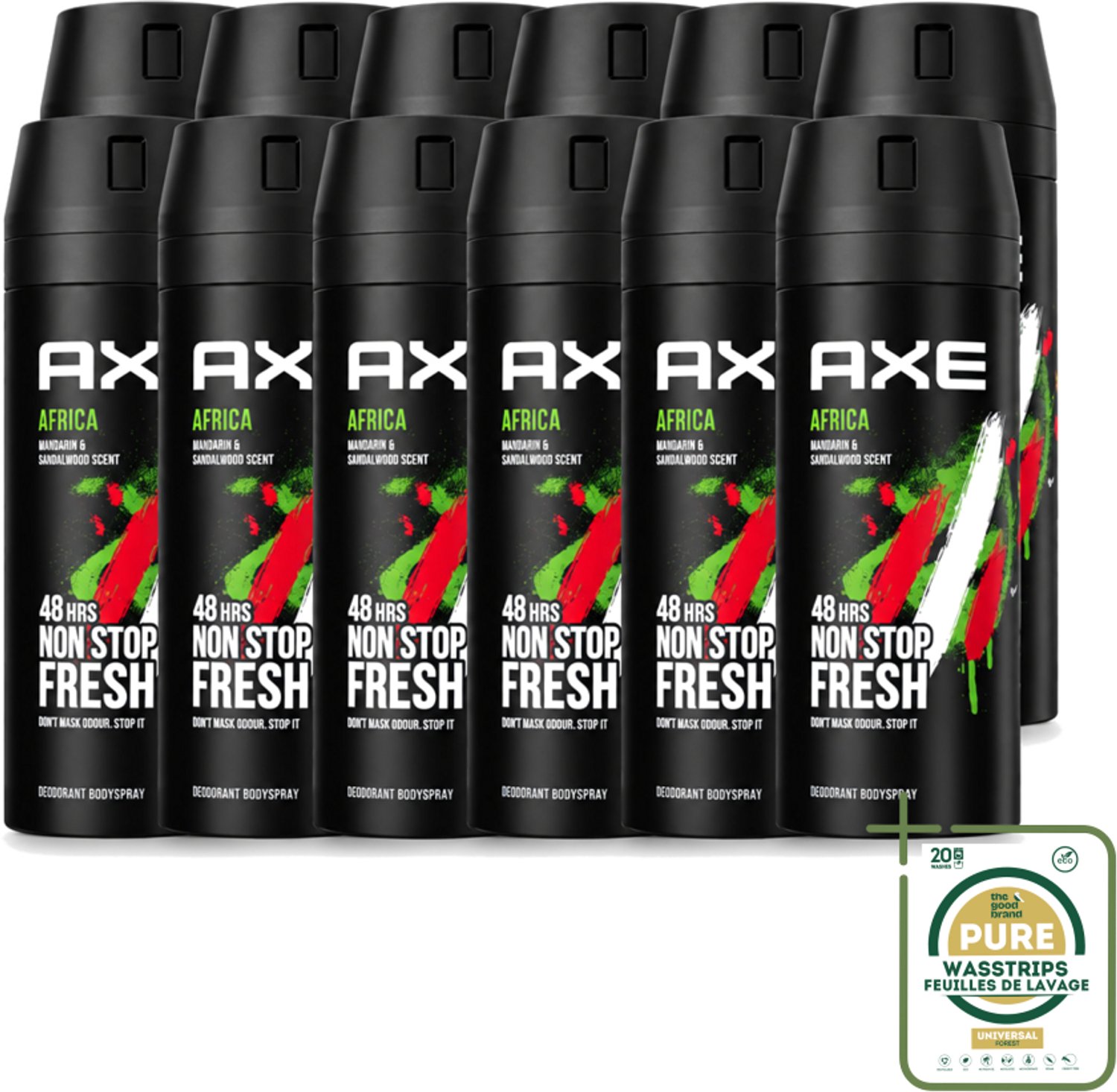 12 x Axe - Deodorant Bodyspray - 48hrs Non Stop Fresh - Africa - Mandarin & Sandalwood - 150 ml - Wasstrips - Deodorant Bodyspray - Geurbeheersing - 48 Uur Bescherming - Mandarijn En Sandelhout - AXE Africa