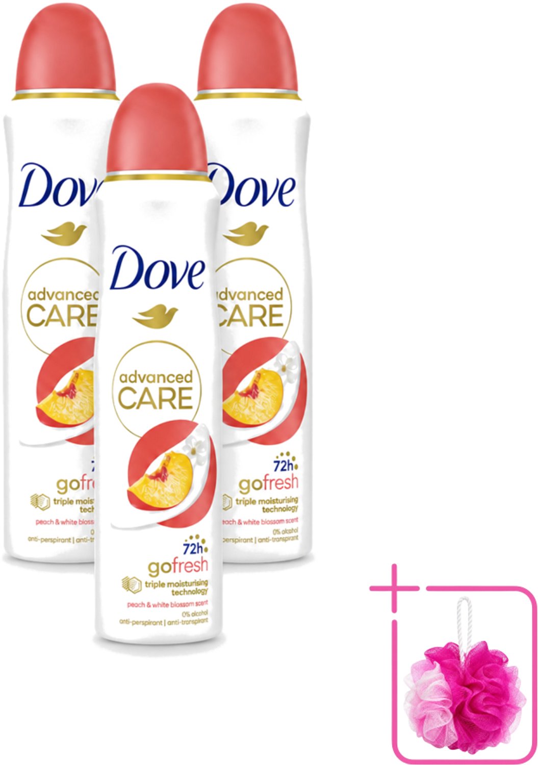 3 x Dove – Deodorant Spray – Peach & White Blossom – 150 ml - Bulkverpakking - Deodorant spray - Fris