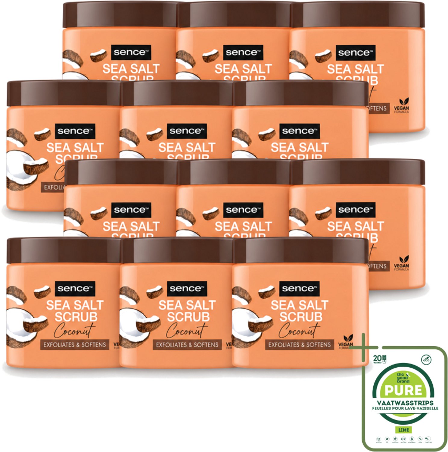 12 x Sence - Coconut - Bodyscrub - Verzorgend - 500 g - Grootverpakking - Vaatwasstrips - Bodyscrub Kokos - Huid Verzorging - Exfolieer Huid - Huid Reinigen - Kokos Geur