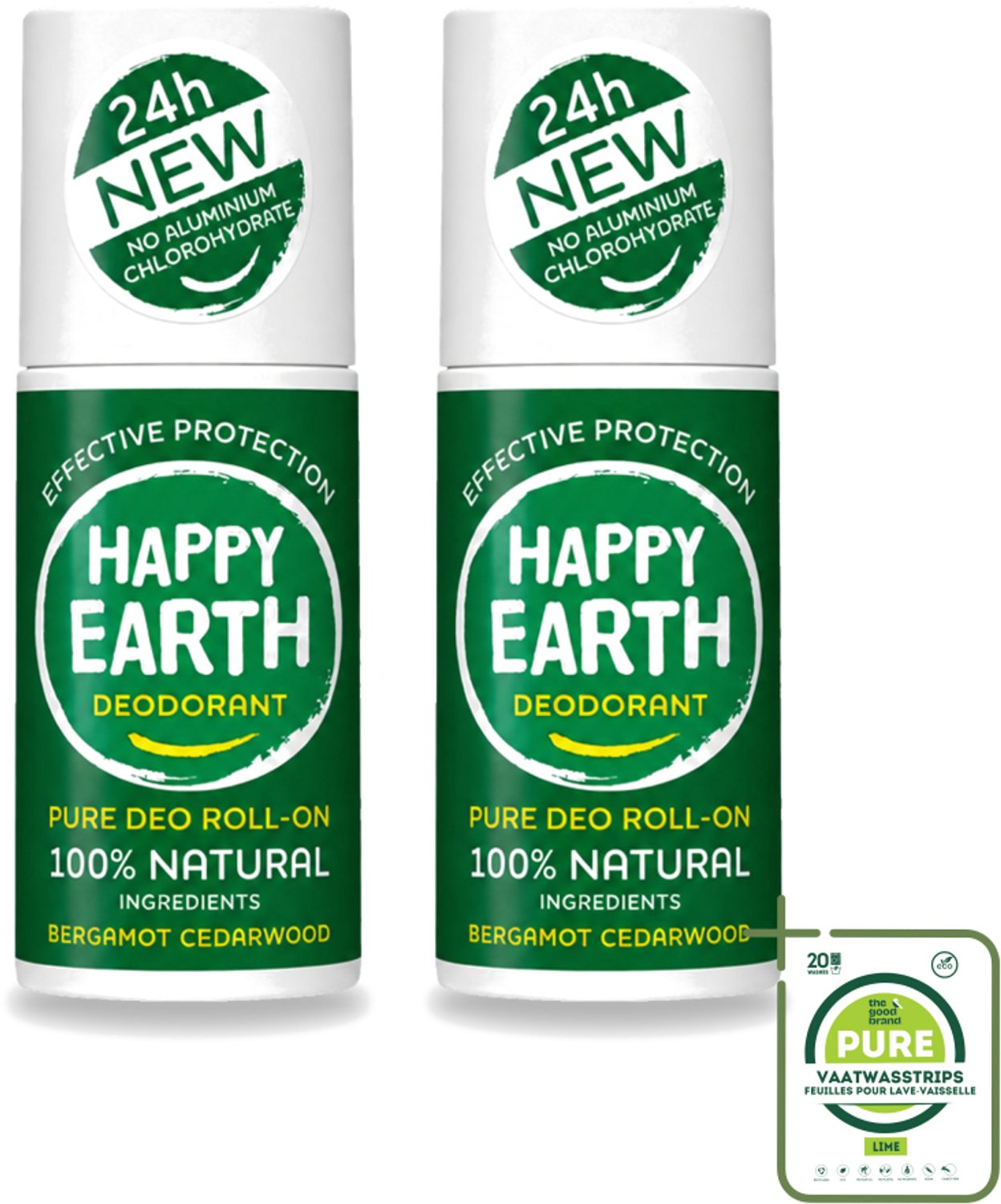 2 x Happy Earth – Deodorant Roll-On – 100% Natuurlijk Bergamot Cedarwood – 75 ml - Grootverpakking - Vaatwasstrips - Bergamot - Cederhout - Natuurlijke Deodorant - Roll-on Deodorant - 24 Uur Bescherming