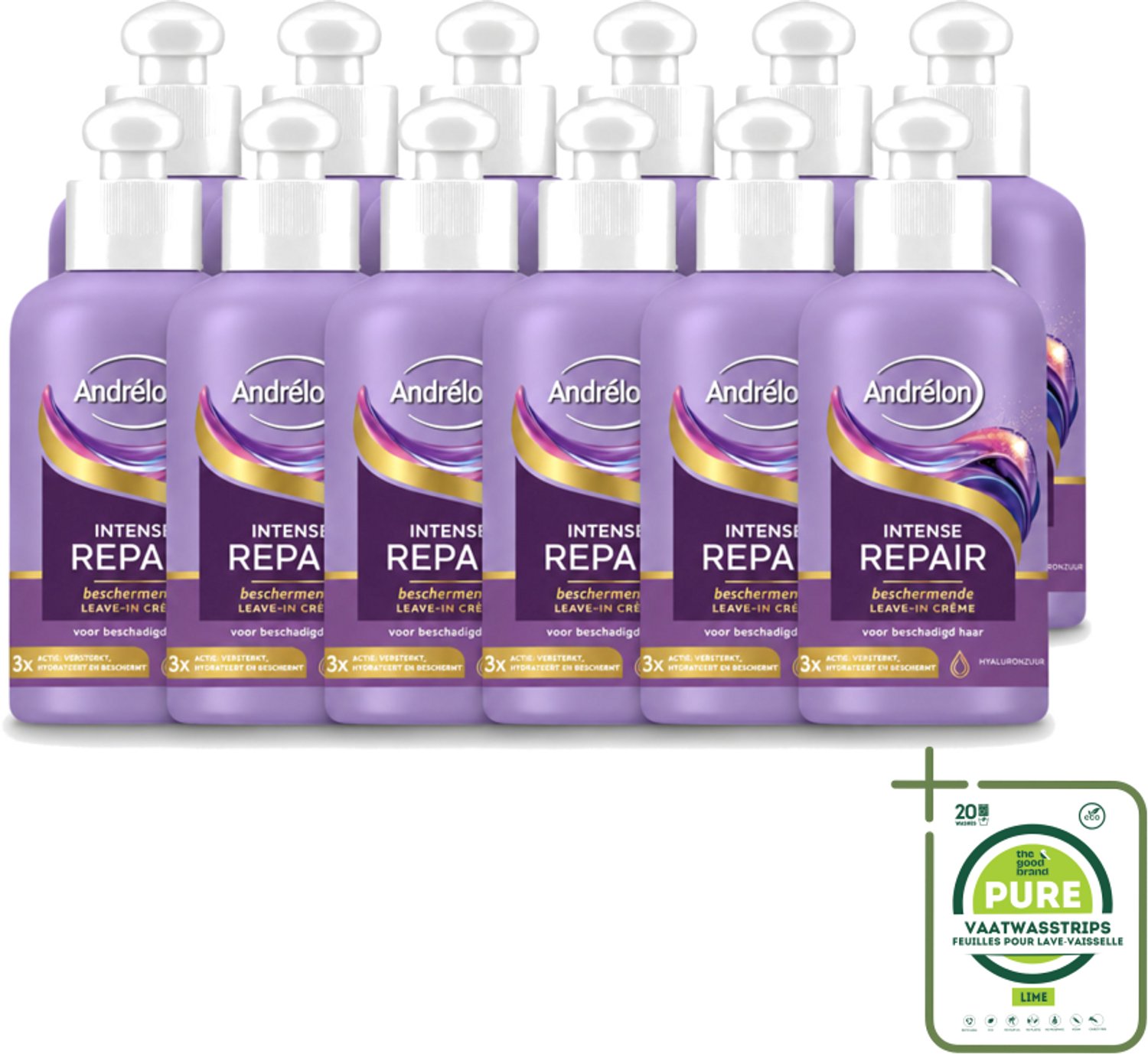 12 x Andrélon – Leave-In Crème – Intense Repair – 200 ml - Grootverpakking - Vaatwasstrips - Haarverzorging - Droog Haar - Beschadigd Haar - Hyaluronzuur - Leave-in Crème