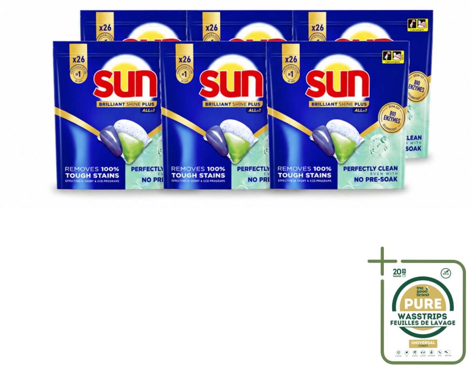 6 x Sun – Vaatwascapsules – Brilliant Shine+ All-in-1 - 26 capsules - Wasstrips - Vaatwasmiddel - Vaatwascapsules - Schone Vaat - Vlekken Verwijderen - Vaatwasmiddel Voor Korte Programma's