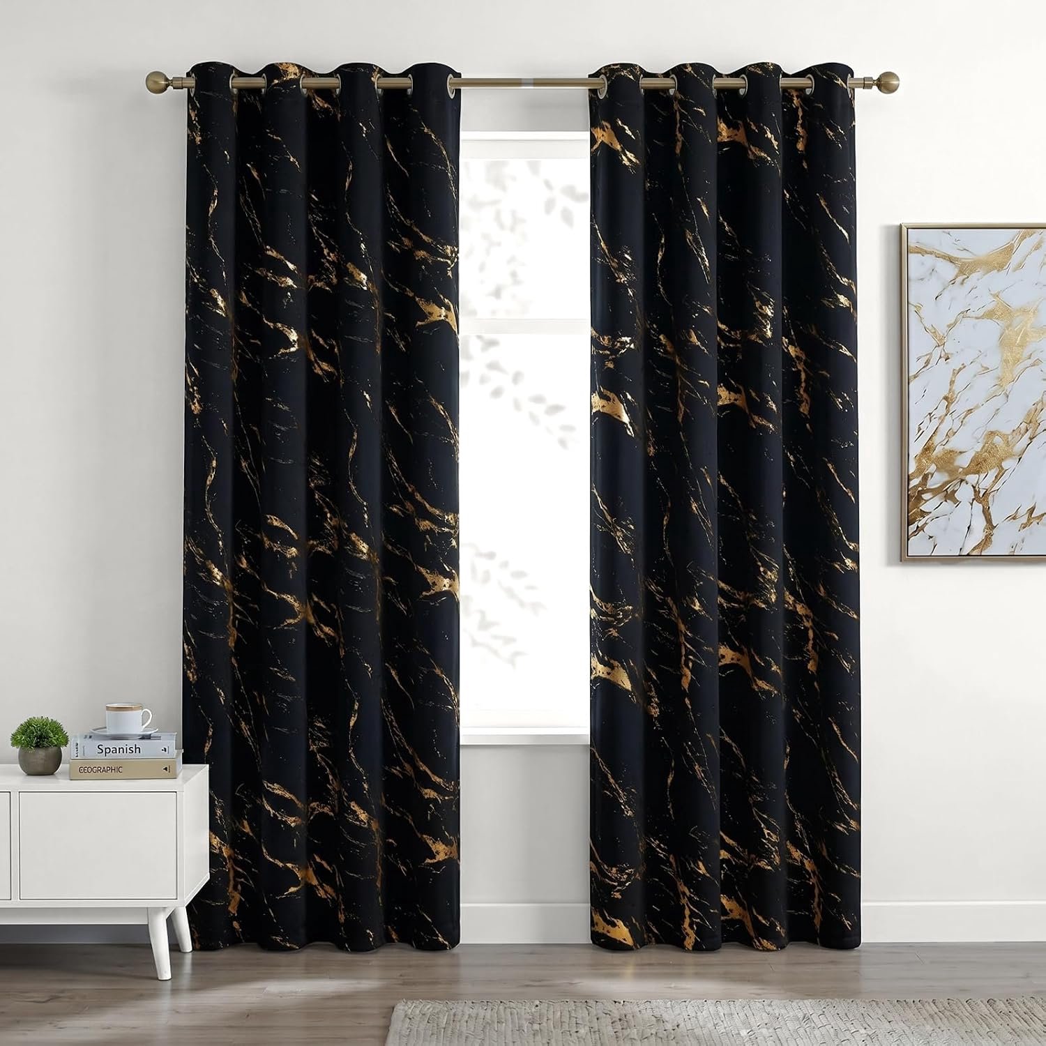 Zwarte verduisteringsgordijnen, goud-marmer, H 260 cm, 95%