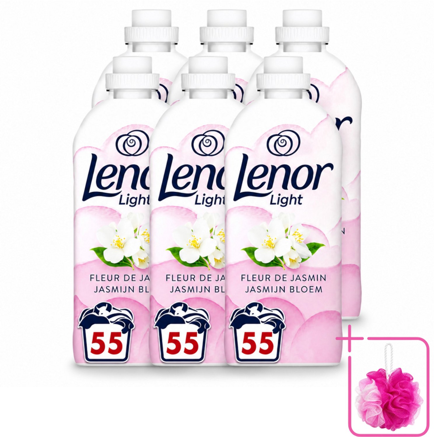 6 x Lenor Light - Wasverzachter - Jasmijnbloem - Fris & Zacht - 55 Wasbeurten - Bulkverpakking - Wasverzachter - Douchemop - Jasmijn