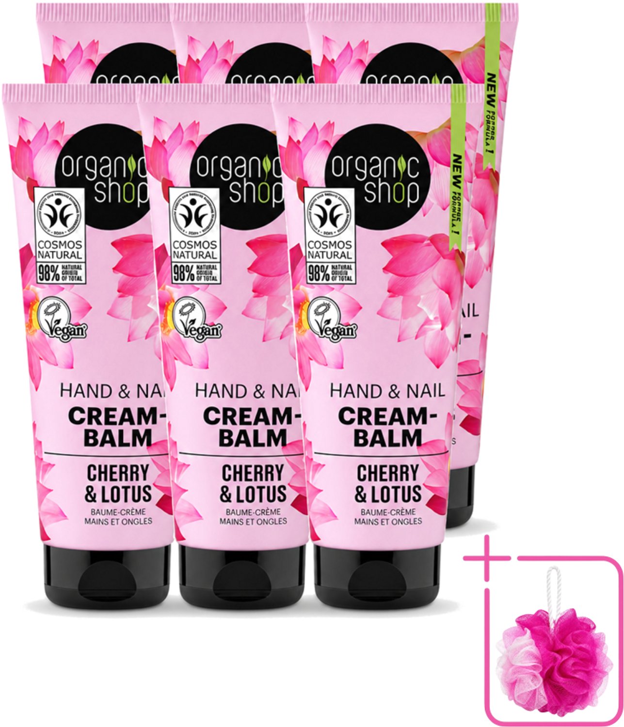 6 x Organic Shop - Hand & Nail Cream - Cherry & Lotus - Verzorgend en Hydraterend - 75 ml - Bulkverpakking - Handcrème - Douchemop - Nagelverzorging