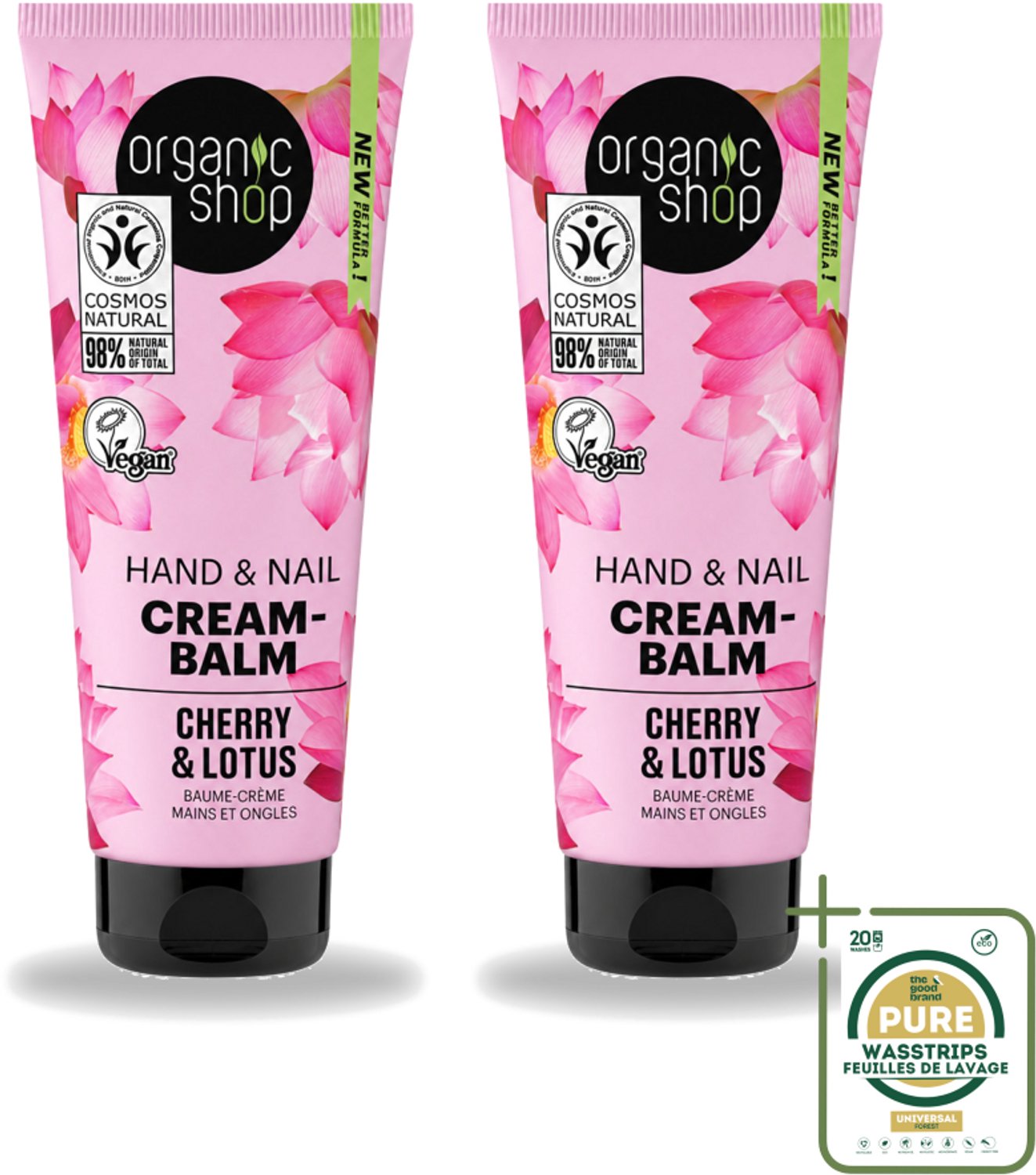 2 x Organic Shop - Hand & Nail Cream - Cherry & Lotus - Verzorgend en Hydraterend - 75 ml - Wasstrips - Handcrème - Nagelcrème - Handen Verzorgen - Nagels Versterken - Hydraat Handen