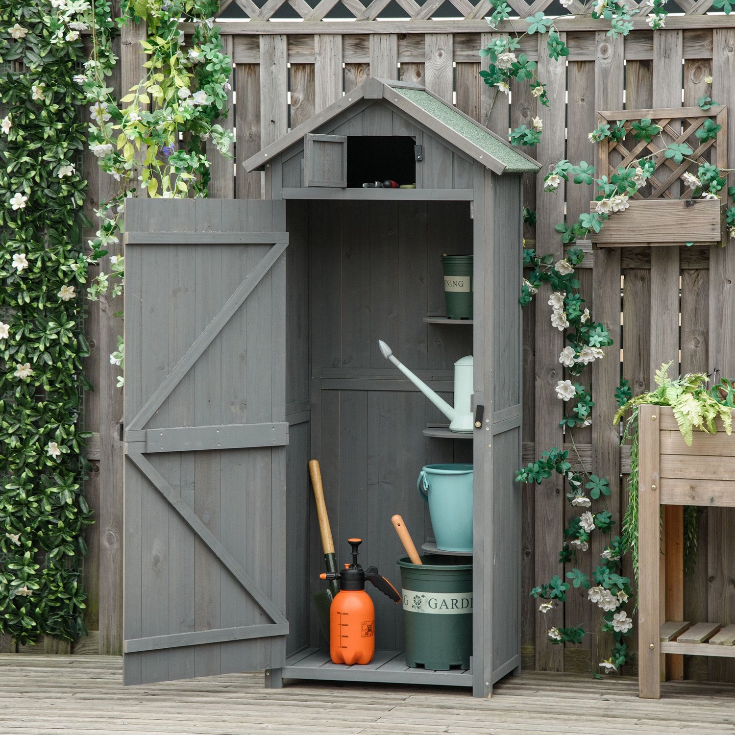 Buitenkast Houten opbergkast 77x54x179 cm - Opbergen tuingereedschap - Buitenopslag - Ruimte organiseren - 3 legplanken en 2 deuren met grendel - Behandeld vurenhout grijs met bitumen hellend dak