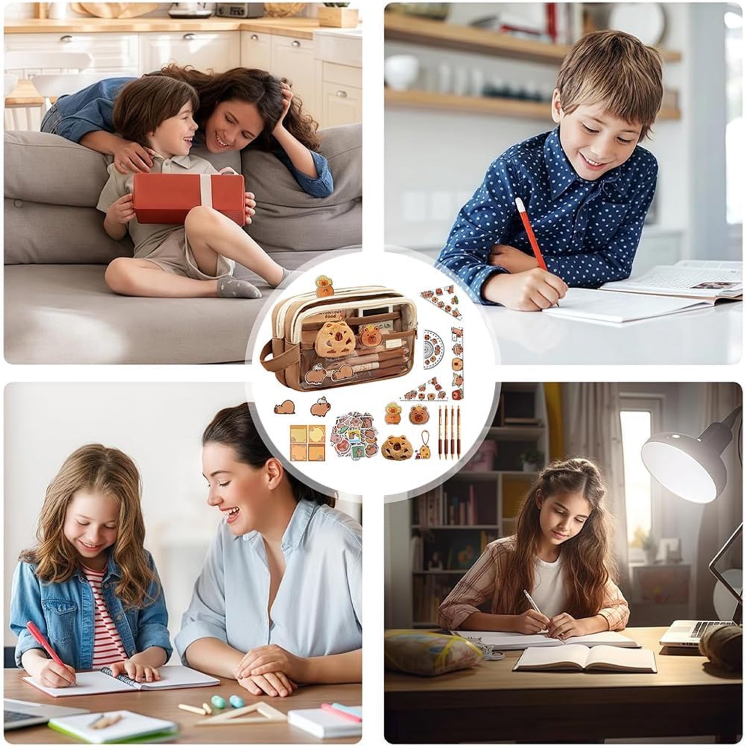 Capybara-etui, 10-delige Capybara-set (inclusief pennen, stickers, pins, memoblaadjes en bedeltjes), cadeau voor jongens, meisjes en kinderen