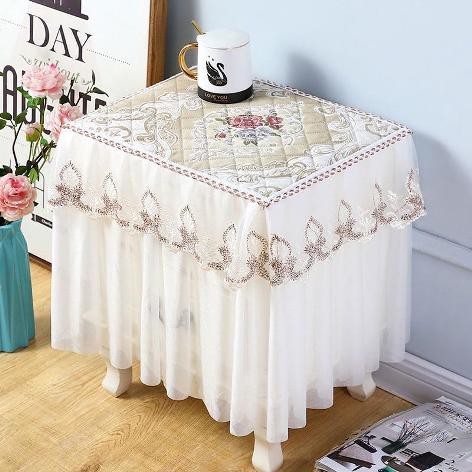 1 Stuk Nachtkastje Cover Doek Antislip en Stofdicht Slaapkamer Nachtkastje Cover Europese Stijl Gaas Rand Stofhoes Stof 40 * 40 * 40 cm (Stijl 3)