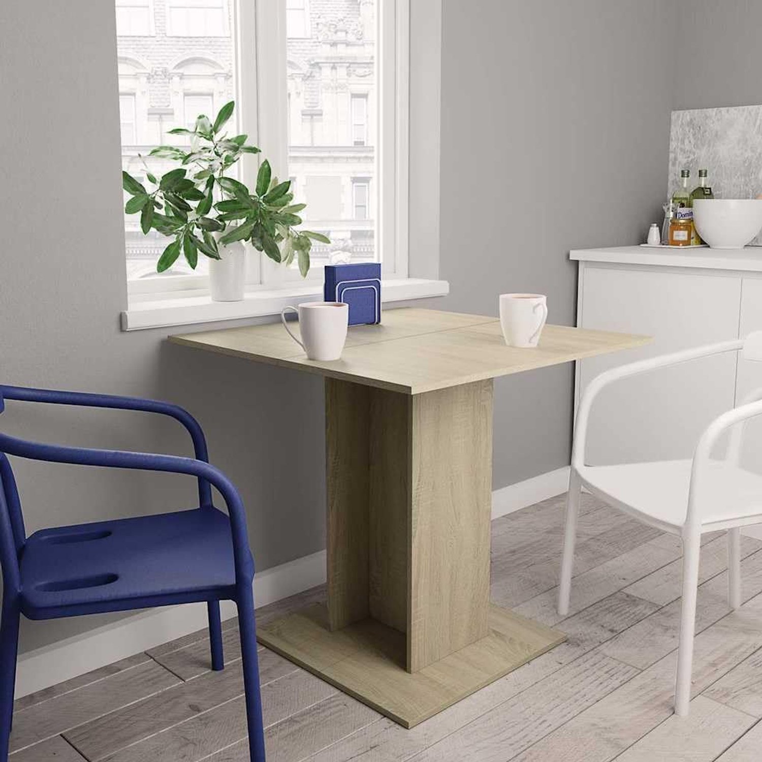 Eettafel, Sonoma-eiken, 80 x 80 x 75 cm, houtmateriaal, vierkante tafel met robuuste sokkel voor eetkamer, duurzaam, minimalistisch, stabiel, onderhoudsvriendelijk, vochtig afwasbaar