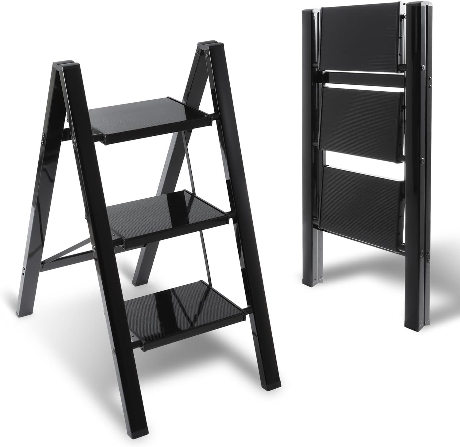 3-traps vouwladder van aluminium met antislip trede - Draagbare ladder voor keuken, huis, kantoor - Draagkracht tot 150 kg (Zwart)