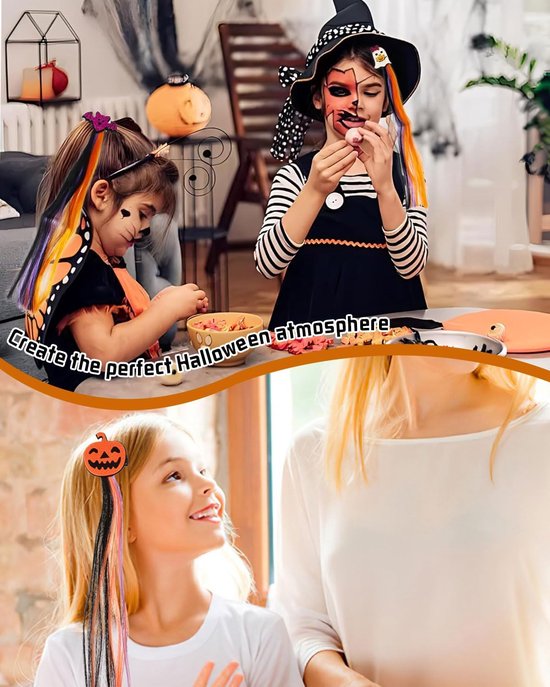4 stuks Halloween-haarverlengingsclips, geschikt voor glad haar, pompoen-vleermuis-meisjeshaaraccessoires, kleurrijke pruiken, geschikt voor feestverkleedpartijen — afbeelding 3