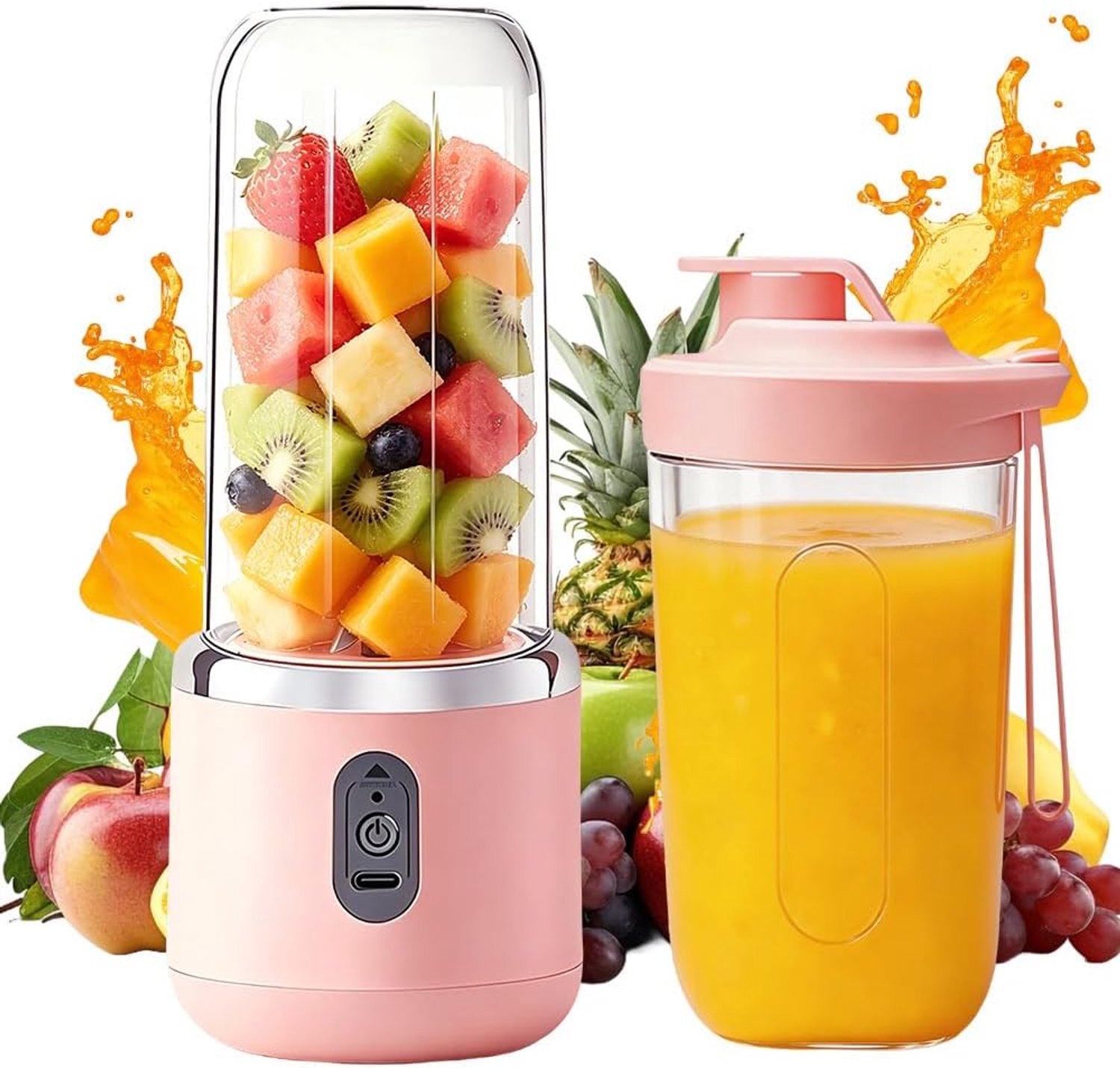 Draagbare mixer, 400 ml, draagbare blender met 6 messen, mini-smoothie blender met 2 bekers, USB-oplaadbaar, mini-mixer voor smoothies, milkshakes, vruchtensap, keuken, reizen (roze)