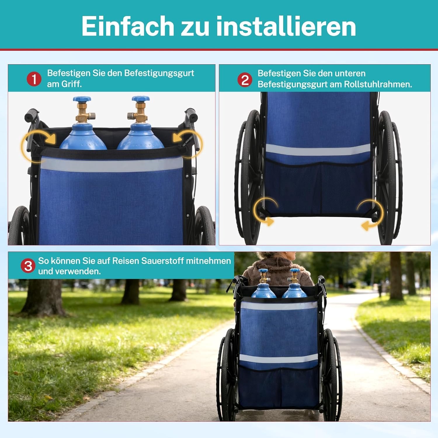 Zuurstofzak, draagbare ophangzak voor rolstoel (blauw, 2 stuks)