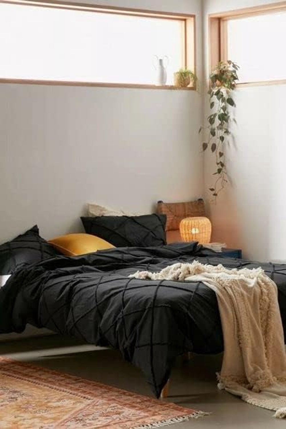 Katoen Tufted Dekbedovertrek Boho Beddengoed Set UO Dekbed, 1 dekbedovertrek + 2 kussenslopen, geen vulling inbegrepen (zwart, volledig 80 "x 90" inch)