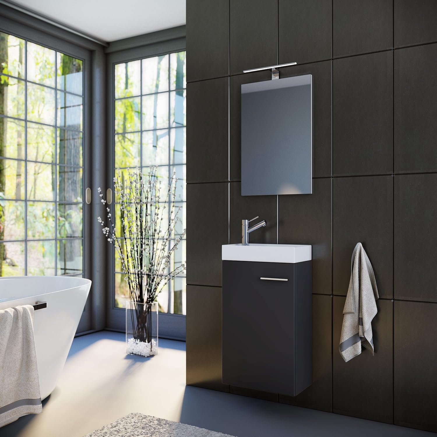 Planetmeubel badmeubelset gastentoilet, gasten, badkamer, wastafelonderkast, spiegel met LED-lamp
