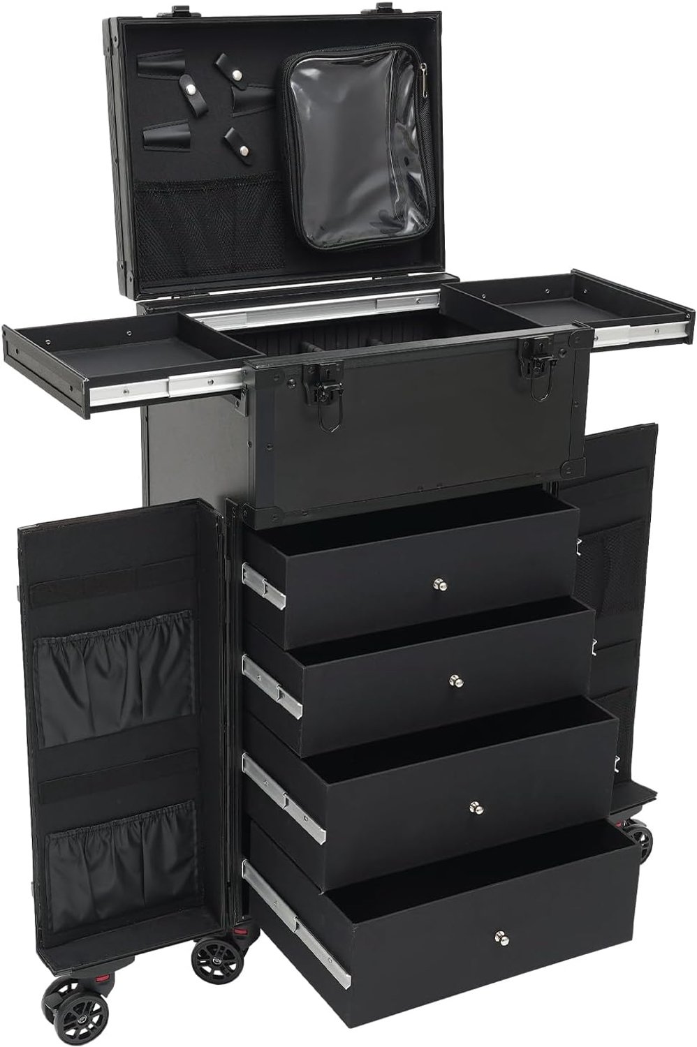 5 niveaus cosmeticakoffer, trolley, kapperskoffer, make-up, make-upkoffer, modern, beautycase met wielen en slot, 40 x 30 x 80 cm, rolling, cosmeticakoffer, dames, handbagage, cosmeticakoffer, reizen