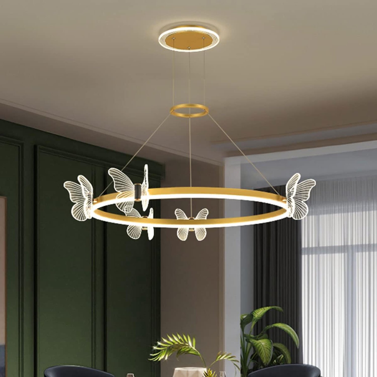 Moderne luxe slaapkamer kristallen kroonluchter Nordic eenvoudige creatieve LED woonkamerverlichting restaurant vlindernet rood licht set warm licht (maat: 70 cm, kleur: vlinder)