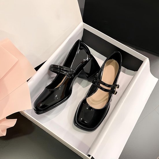 Womens lakleer Platform Mary Janes jurk pumps gotische lage dikke hak schoenen zoete lolita gesloten teen enkel verstelbare riem — afbeelding 3