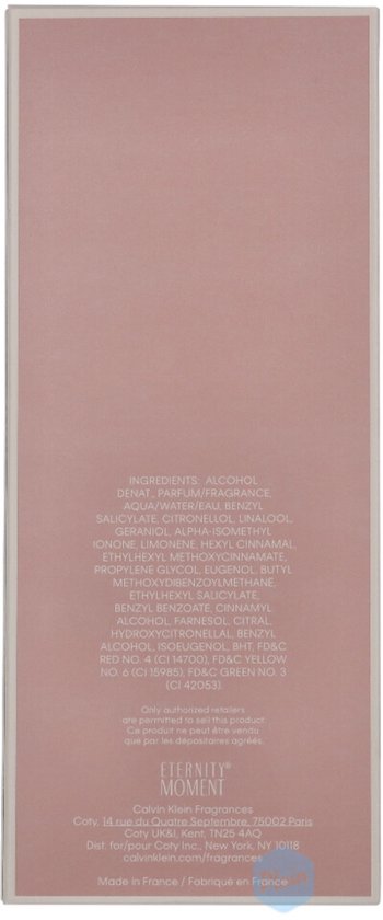 Achterkant van Eternity Moment parfumdoos met ingrediëntenlijst en Calvin Klein logo
