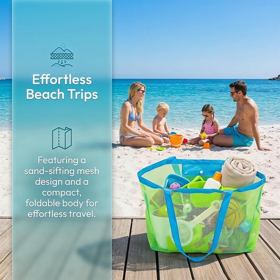 2 stuks zandspeelgoedtassen net, strandspeelgoedtas, groot, nettas, zandspeelspeelgoed voor zandspeelgoed, waterspeelgoed, herbruikbare en opvouwbare strandtas, opvouwbaar, voor familie vakantie — afbeelding 4