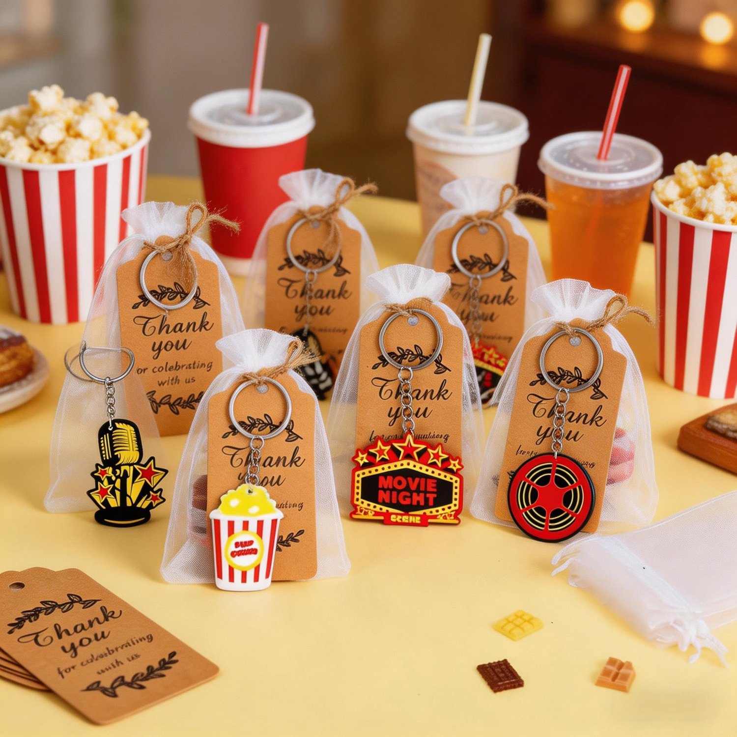 Funmemoir Filmavond Party Favours 12 stks Movie Night Sleutelhangers Dank U Kaarten Organza Zakken met Touw voor Film Cinema Theater Thema Feestbenodi