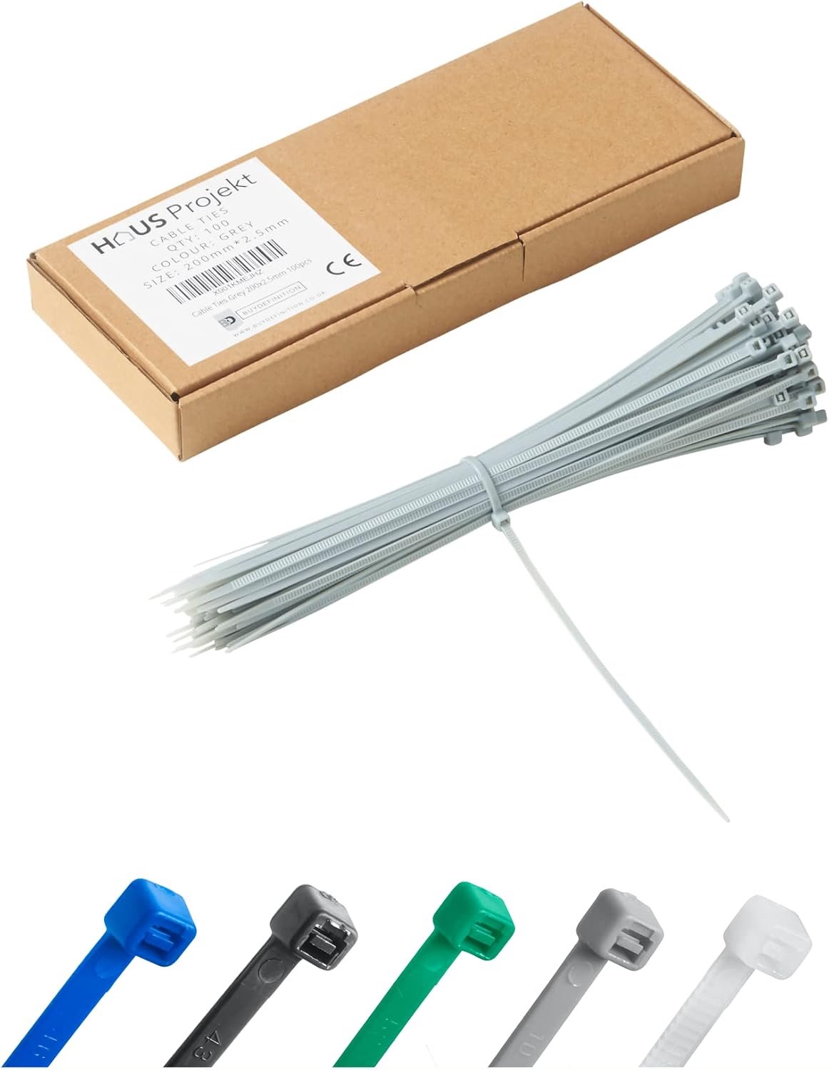 Cable Ties 100pcs Grey, 200mm x 2.5mm, UV Resistant Multi-Purpose Cable Ties for Outdoor and Indoor Use, Cable Management for Home, Office, Garden, Ga