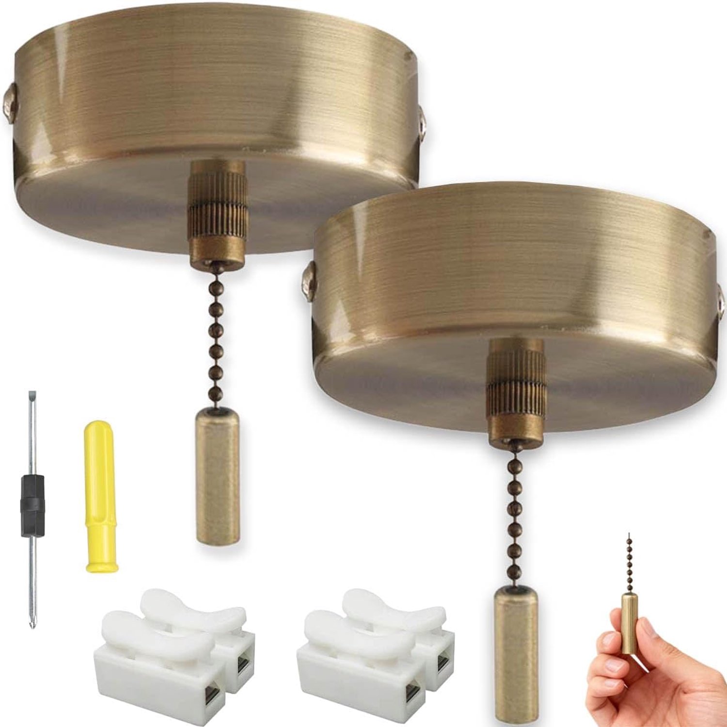 2 x matte trekschakelaar voor badkamer, cilindrische handgreep, verchroomd, met 150 cm lange ketting voor badkamer, slaapkamer en woonkamer met 2 aansluitingen