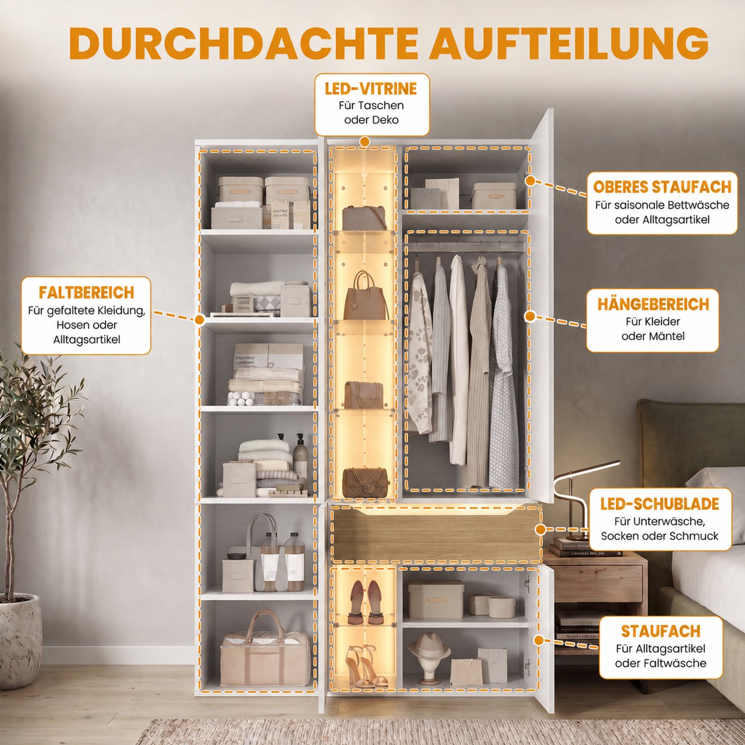 MODENUIT Kledingkast - Ledverlichting Met Glazen Vitrine - Voor Slaapkamer - MDF Wit - 122 x 50 x 200 cm