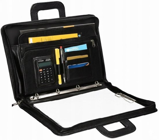 Leren A4 Organizer Aktetas met Rekenmachine - Zwart