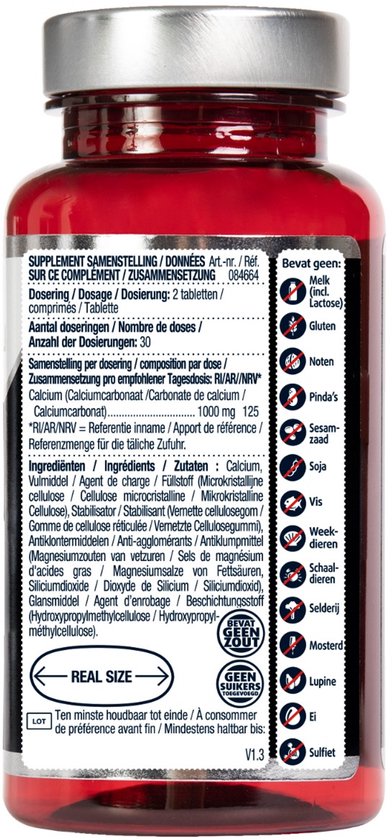 Lichaamsinformatie met ingrediëntenlijst, waarschuwingen en ingrediënten die mogelijk allergenen bevatten zoals melk, gluten, soja, vis, schaaldieren, selderij, mosterd en ei. Bevat ook een 'real size' diagram.