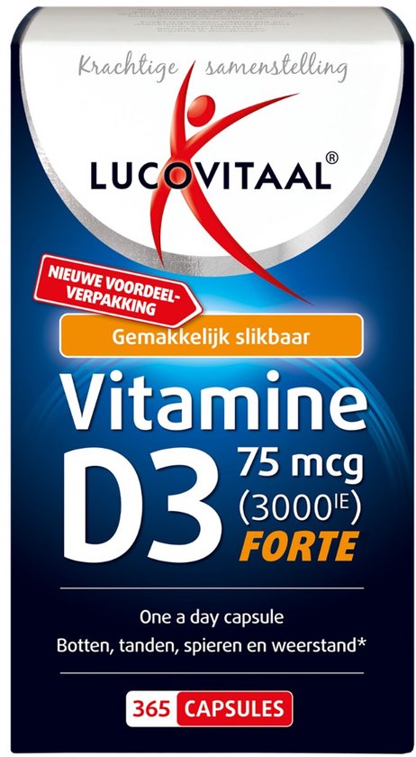 Lucovitaal Vitamine D3 Forte 75 mcg, 365 capsules. Krachtige samenstelling. Nieuwe voordeelverpakking. Gemakkelijk slikbaar.