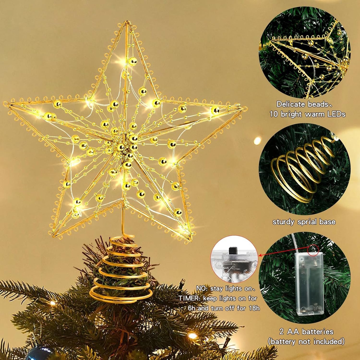 Luminous Sterrenboomtopper van 25 cm met 10 LED-lampen voor een Feestelijke Kerstsfeer en Decoratie