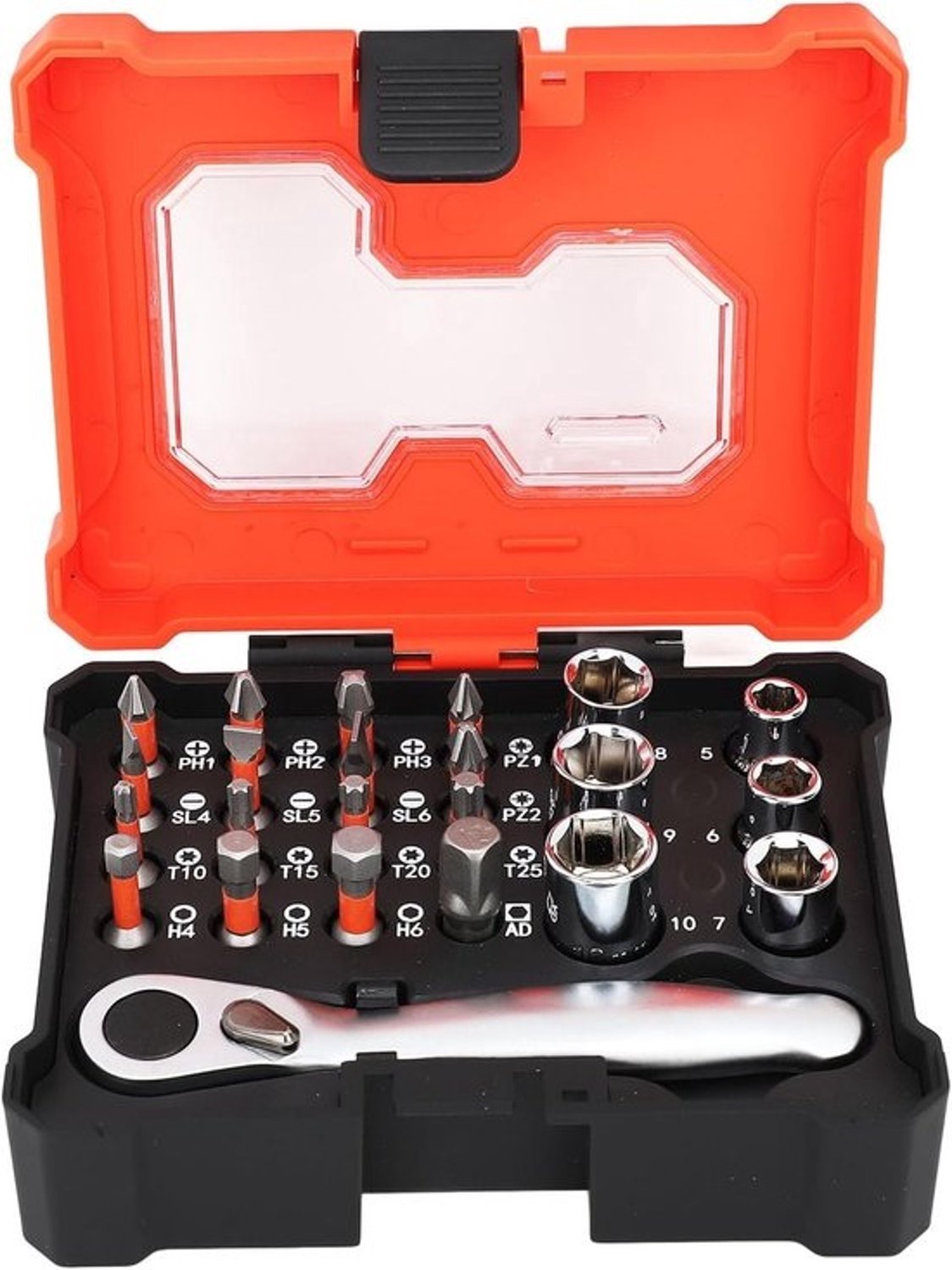 Dopsleutelset - Gereedschapset - Voor automontage - Ratel met 72 tanden - 1/4 inch - Oranje
