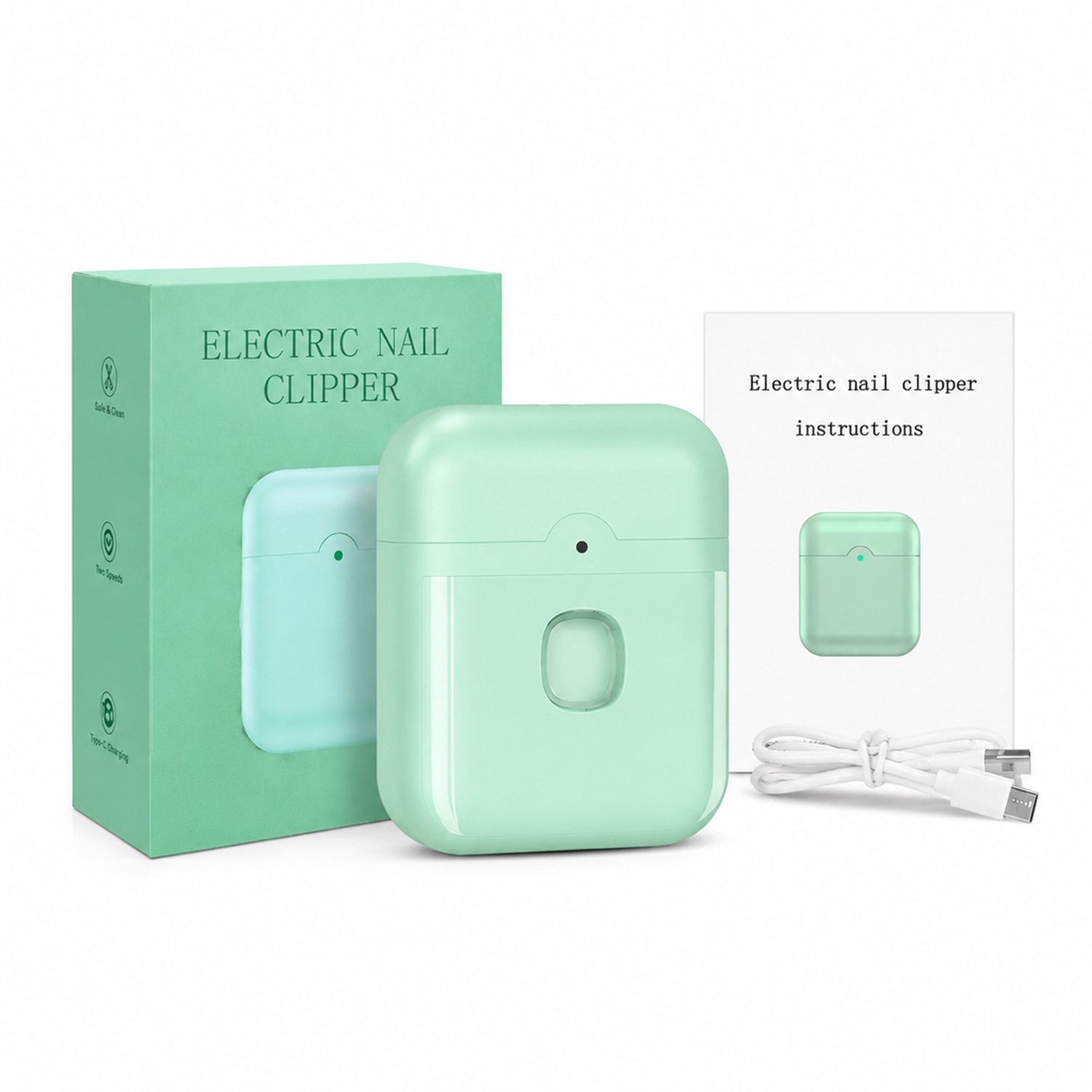 elektrische nagelknipper - 2 snelheden - opladen via Type-C - voor dagelijks thuis en commercieel gebruik - groene uitvoering - met apparaat handleiding en accessoires