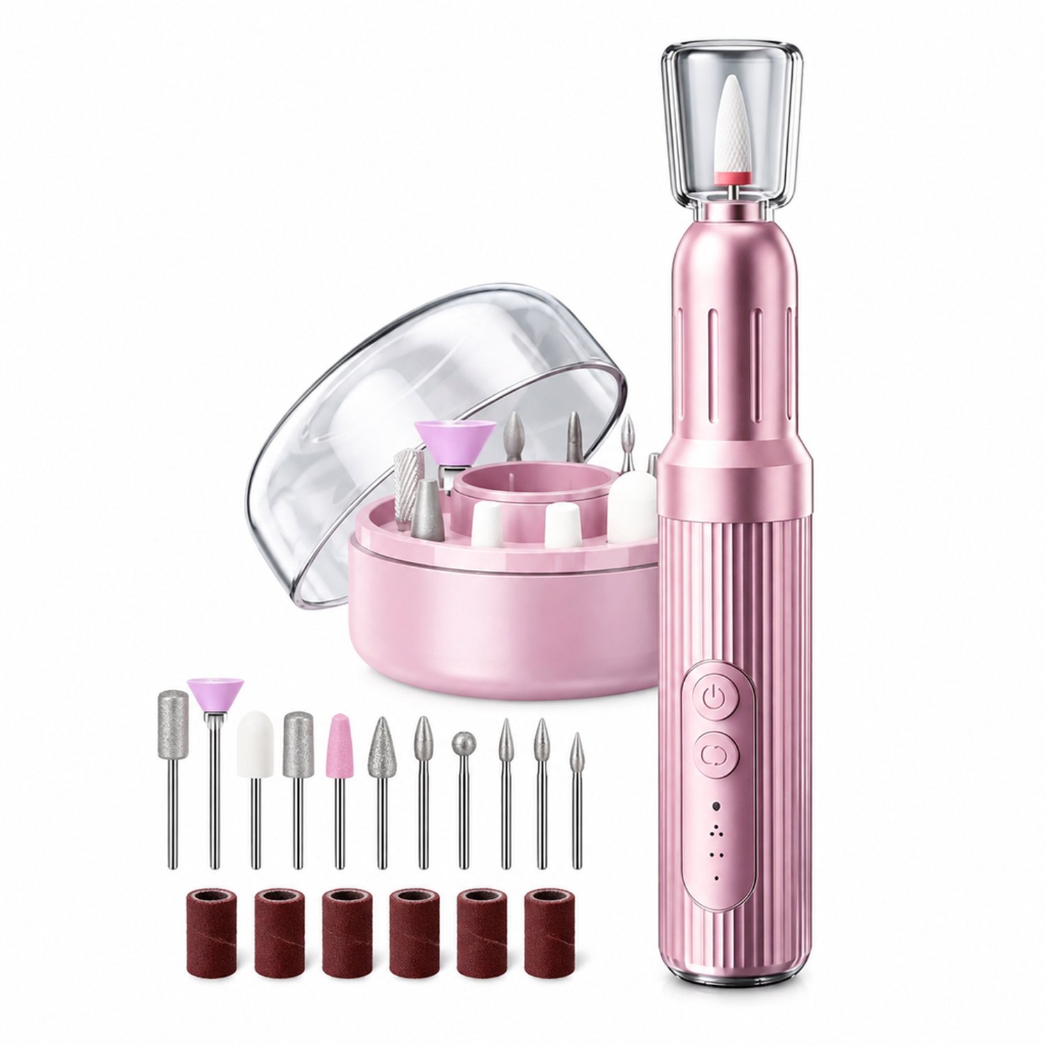 Elektrische nageltrimmer - 45000 omw/min - Snelheidsstanden 1–45 - Roze nagelfrees voor dagelijkse nagelverzorging - 12 opzetstukken en 6 schuurbandjes